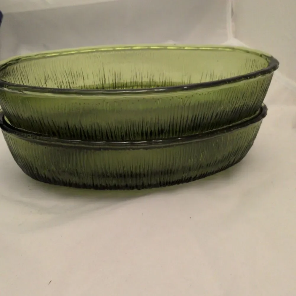 Vintage 1975 FTD Avocado Green Oval Glass Bowls - Set of 2 Bark Textured Mid...